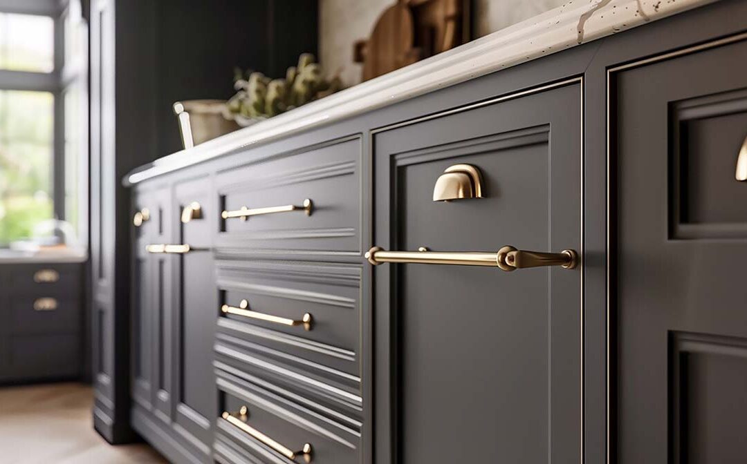 A kitchen cabinet with brass handles